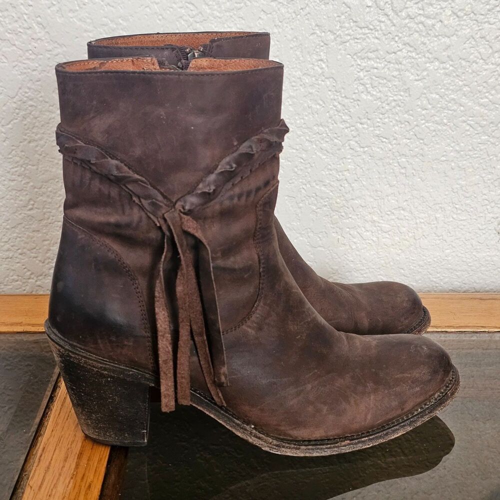 Frye vintage brown leather western fringe tassel ankle cowboy boots womens 10